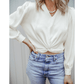 Shawney White Twisted Elastic Hem V Neck Crop Blouse