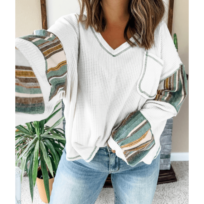 Alexie White Striped Patchwork Exposed Seam Waffle Knit Top