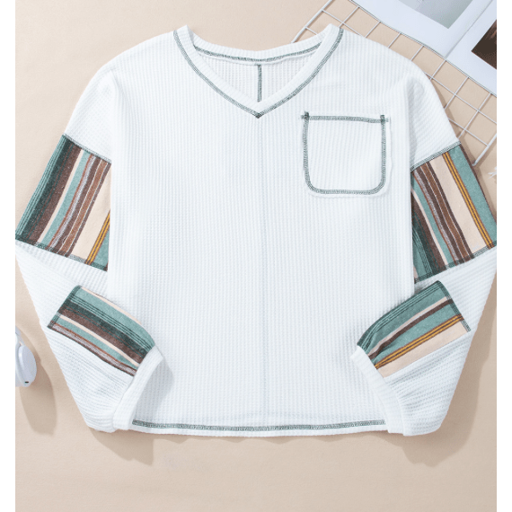 Alexie White Striped Patchwork Exposed Seam Waffle Knit Top