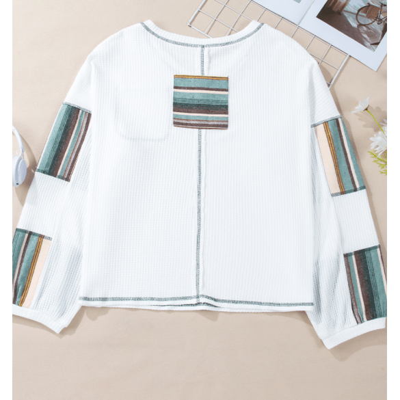 Alexie White Striped Patchwork Exposed Seam Waffle Knit Top