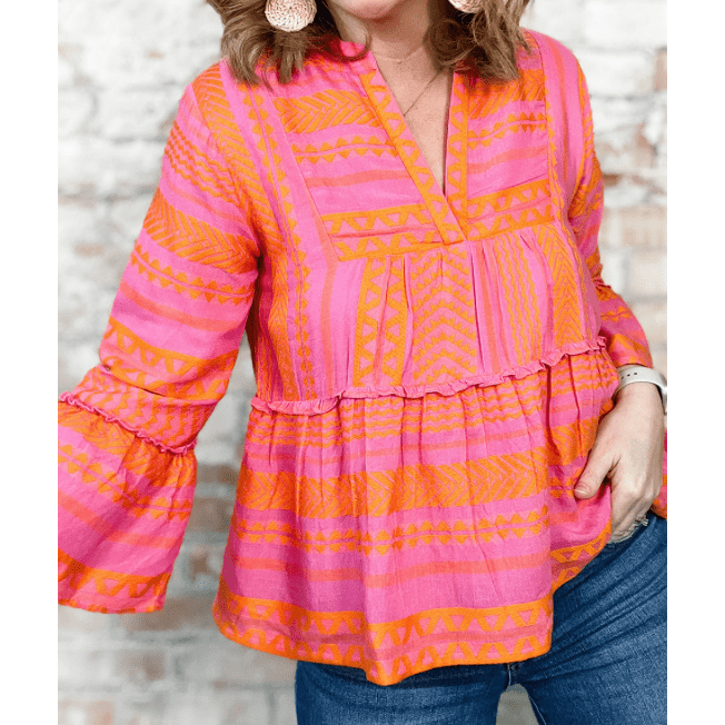 Holleen PLUS SIZE Geometric Embroidered Bell Sleeve Babydoll Blouse