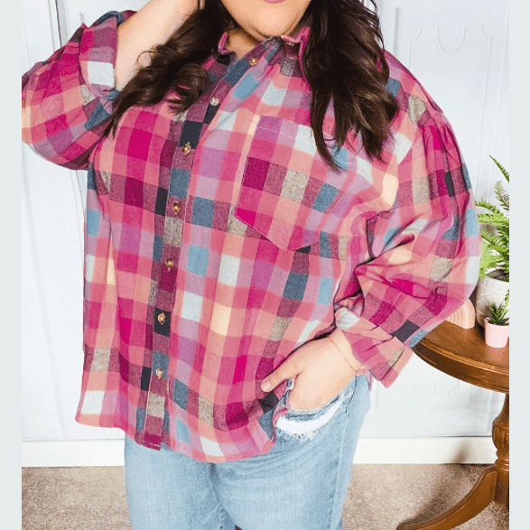 Ella  PLUS SIZE Checkered Print Button up Shirt