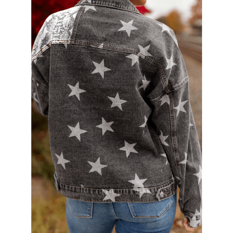 Loray Black Star Snakeskin Printed Patchwork Denim Jacket