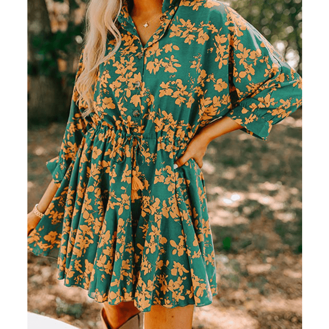 Shaina Green Floral Print Drawstring Tunic Flowy Short Dress