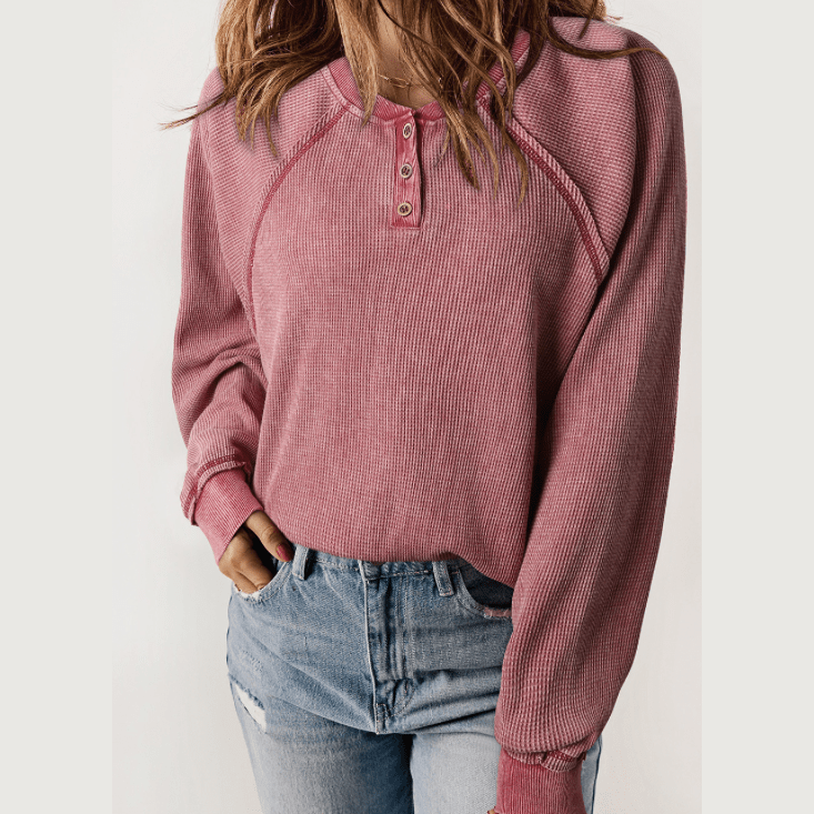 Tibbie Red Waffle Knit Raglan Sleeve Henley Sweatshirt