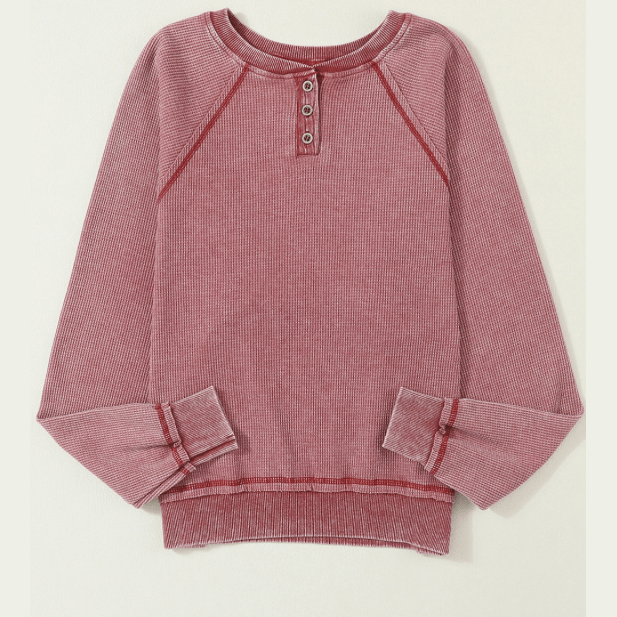 Tibbie Red Waffle Knit Raglan Sleeve Henley Sweatshirt