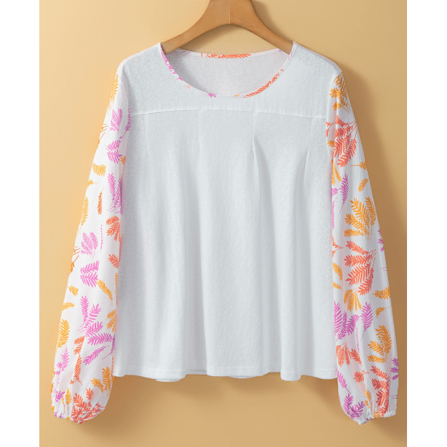 Jesso White Tropical Leaf Printed Patchwork Sleeve Round Neck Top