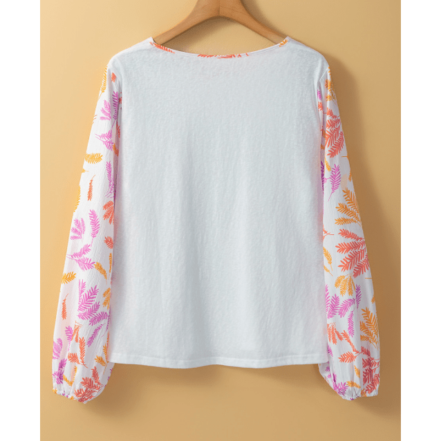 Jesso White Tropical Leaf Printed Patchwork Sleeve Round Neck Top