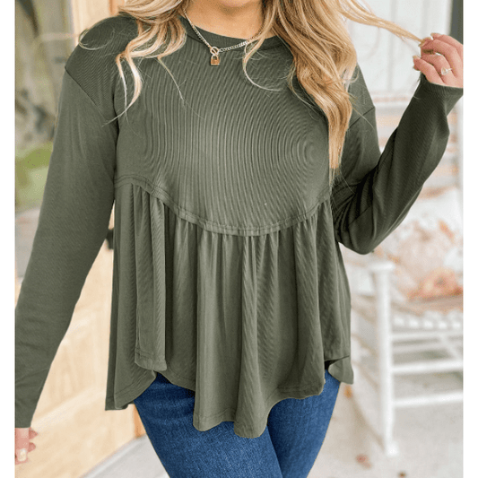 Tallis Mist Green PLUS SIZE Thermal Knitted Babydoll Flare Top