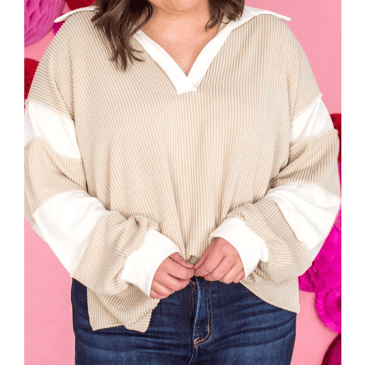 Preslee Parchment Corded Colorblock Long Sleeve Slit V Neck PLUS SIZE Top