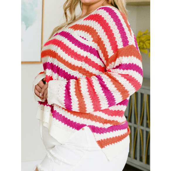 Ryland Pink Stripe V Neck Drop Shoulder PLUS SIZE Sweater