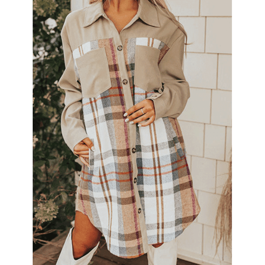 Jolene Khaki Plaid Patchwork Long Sleeve Shirt Mini Dress