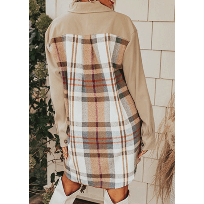 Jolene Khaki Plaid Patchwork Long Sleeve Shirt Mini Dress