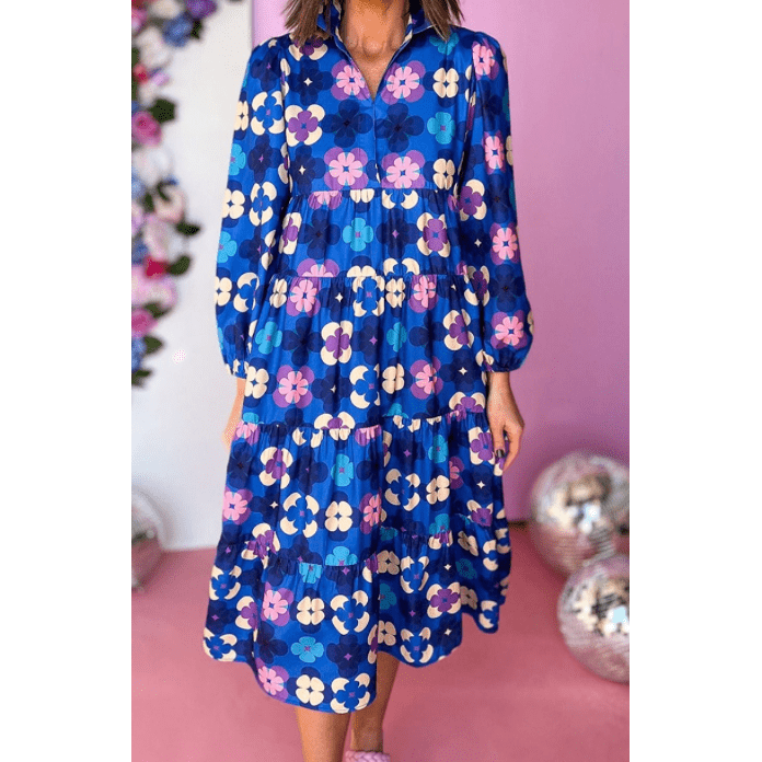 Ballie Blue Floral Peasant Sleeve Tiered Ruffle Midi Dress