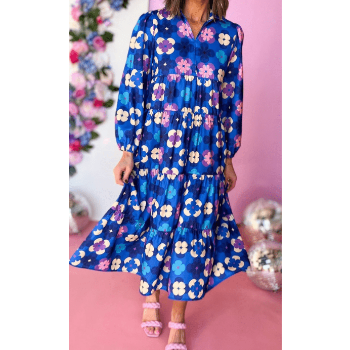 Ballie Blue Floral Peasant Sleeve Tiered Ruffle Midi Dress