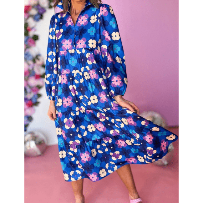 Ballie Blue Floral Peasant Sleeve Tiered Ruffle Midi Dress