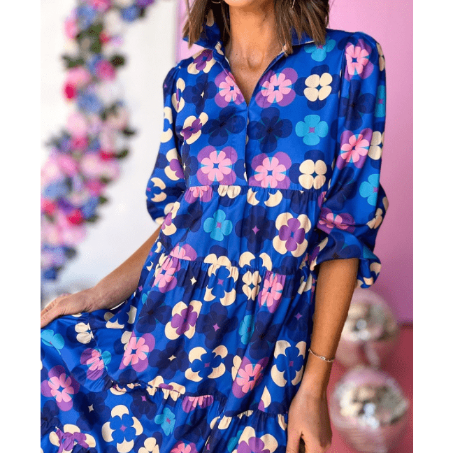 Ballie Blue Floral Peasant Sleeve Tiered Ruffle Midi Dress