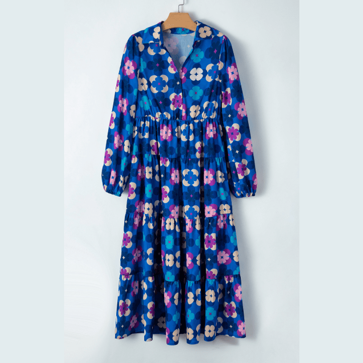 Ballie Blue Floral Peasant Sleeve Tiered Ruffle Midi Dress