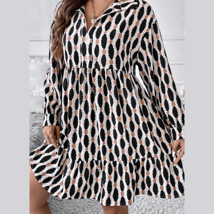 Chaya Geometric Print Collared V Neck PLUS SIZE Mini Dress