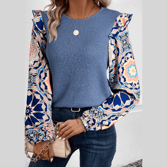 Rudra Blue Ruffled Floral Sleeve Patchwork Waffle Knit O Neck Blouse