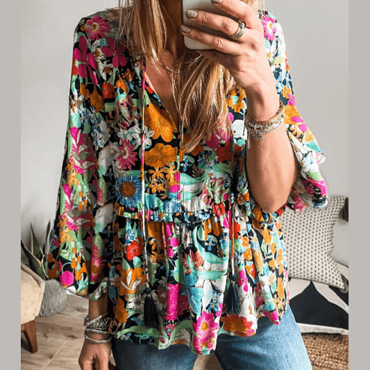 Gilda Multicolour Floral Print Bubble Sleeve V Neck Ruffled Blouse