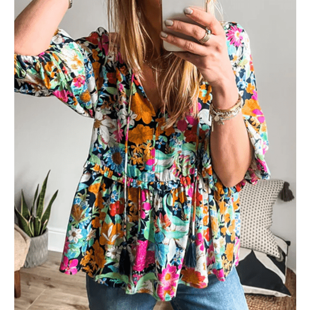 Gilda Multicolour Floral Print Bubble Sleeve V Neck Ruffled Blouse