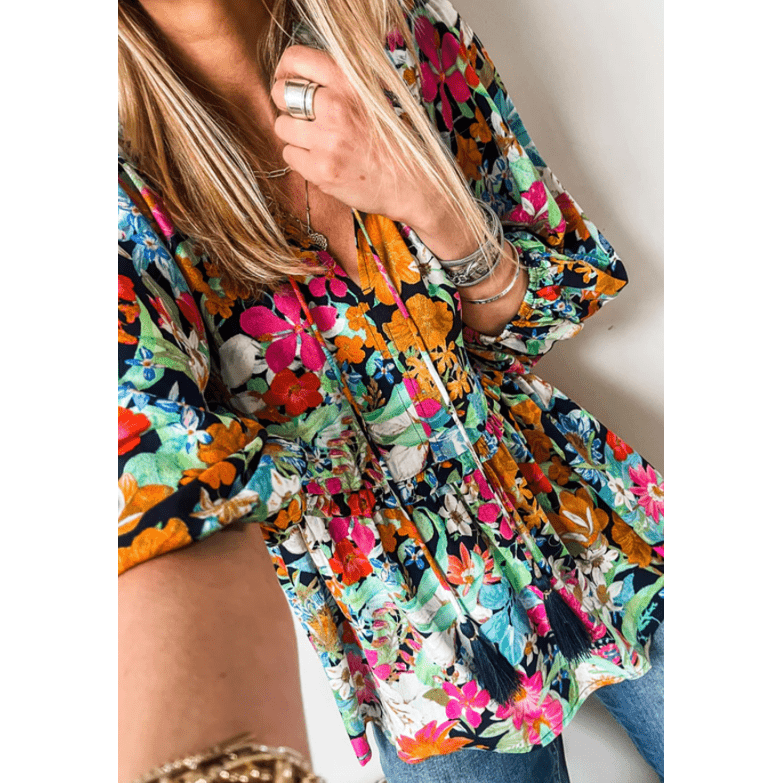 Gilda Multicolour Floral Print Bubble Sleeve V Neck Ruffled Blouse