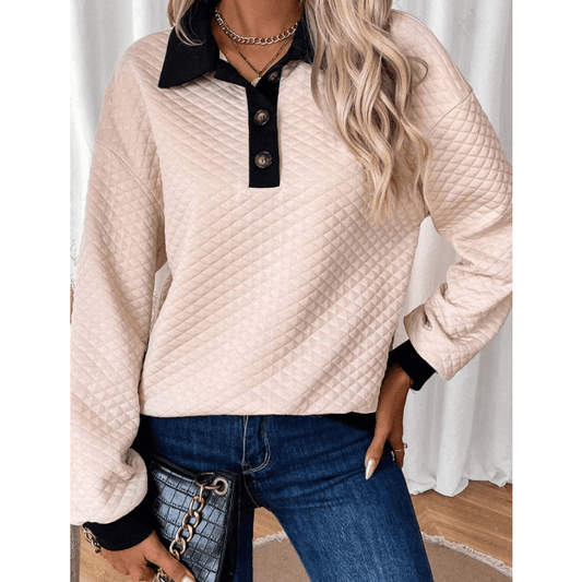 Lila Rose Oatmeal Textured Colorblock Edge Buttoned Collar Sweatshirt