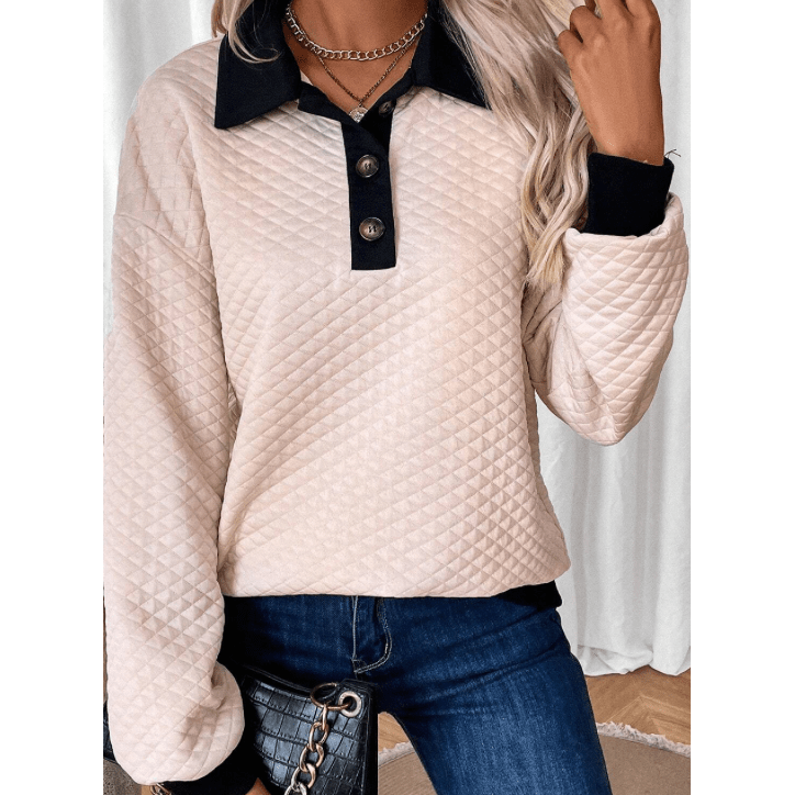 Lila Rose Oatmeal Textured Colorblock Edge Buttoned Collar Sweatshirt