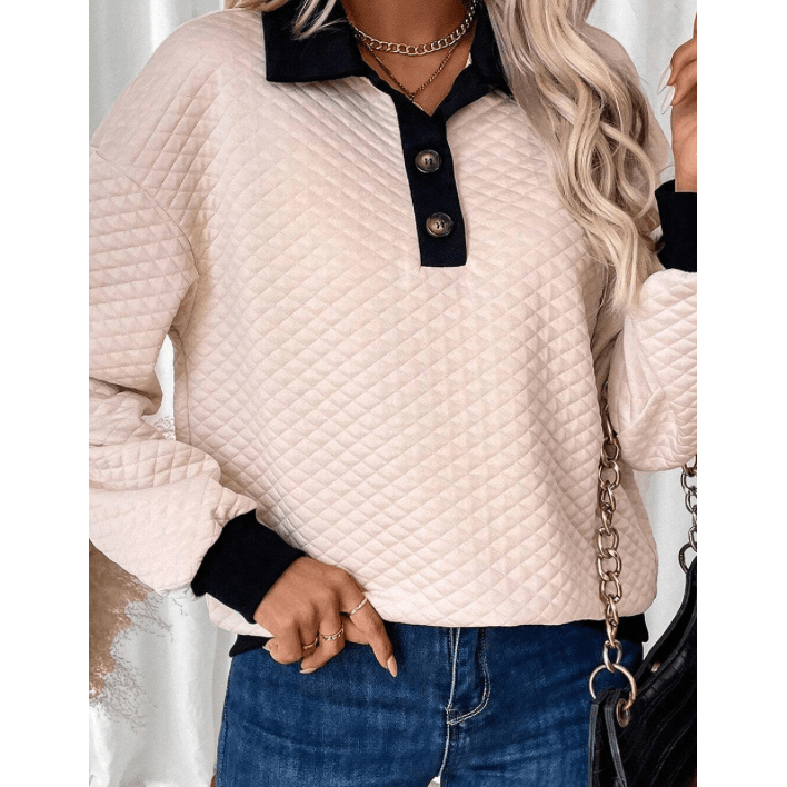 Lila Rose Oatmeal Textured Colorblock Edge Buttoned Collar Sweatshirt