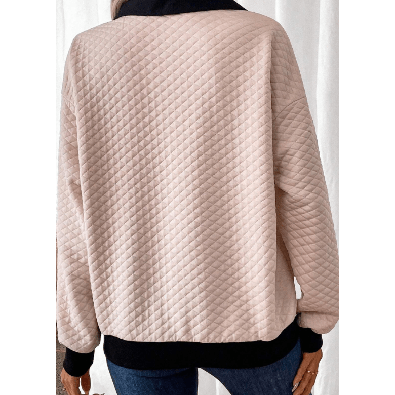 Lila Rose Oatmeal Textured Colorblock Edge Buttoned Collar Sweatshirt