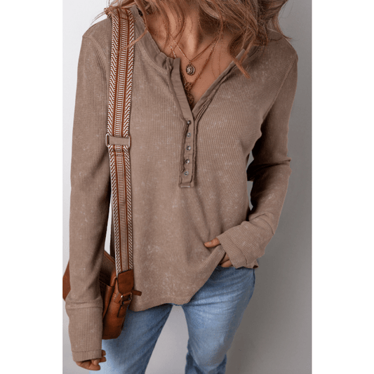 Bella Coffee Acid Wash Waffle Knit Buttoned Neckline Long Sleeve Top