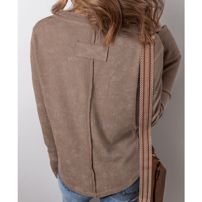 Bella Coffee Acid Wash Waffle Knit Buttoned Neckline Long Sleeve Top