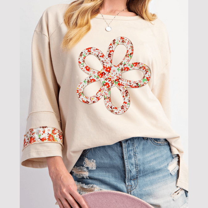 Krystan Beige Flower Patch Graphic Exposed Seam Wide Sleeve Top