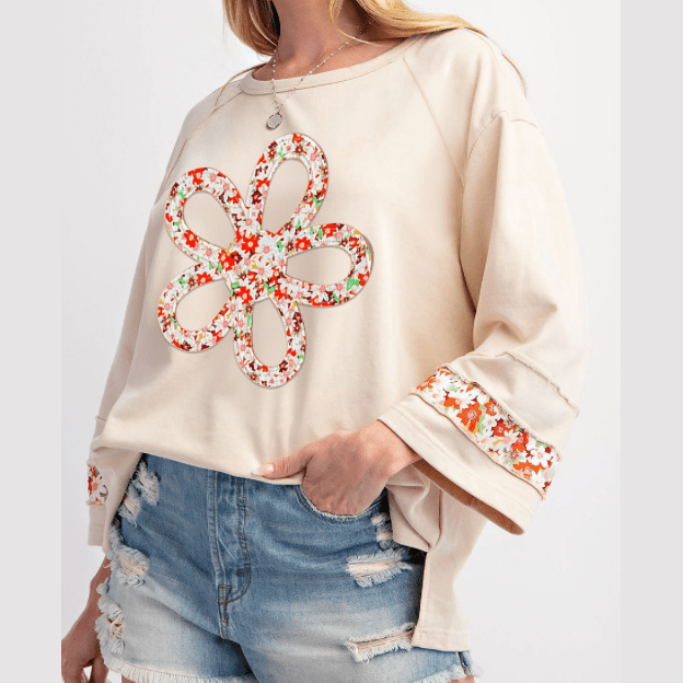 Krystan Beige Flower Patch Graphic Exposed Seam Wide Sleeve Top