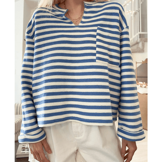 Darla Sky Blue Stripe Chest Pocket Buttoned Back Notched V Neck Top