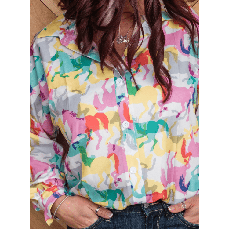 Chantilly White Colorful Horse Printed Long Sleeve Button Up Casual Shirt