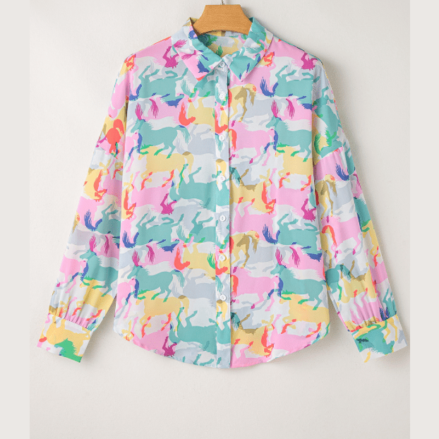 Chantilly White Colorful Horse Printed Long Sleeve Button Up Casual Shirt