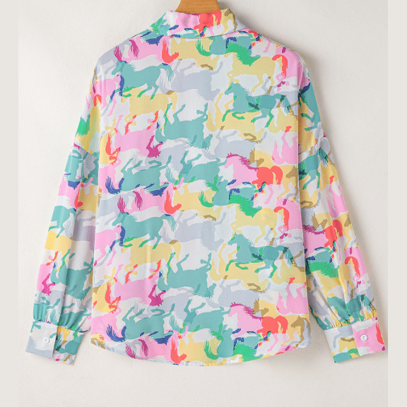 Chantilly White Colorful Horse Printed Long Sleeve Button Up Casual Shirt