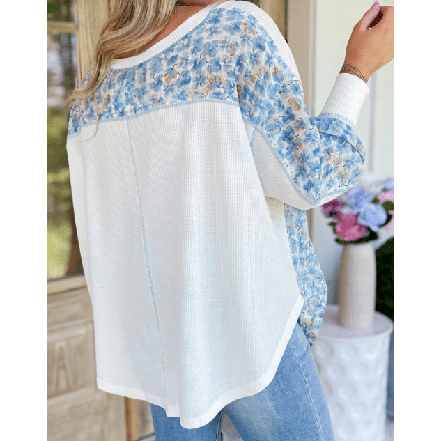 Ally White Abstract Floral Patchwork Batwing Sleeve V Neck Blouse