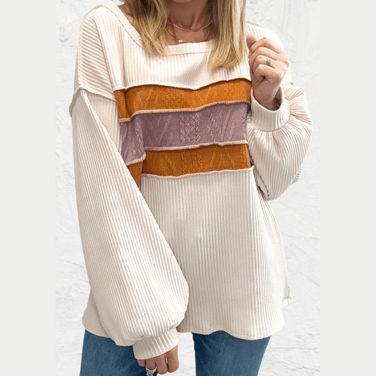 Cassidy Corded Exposed Seam Knit Patchwork Drop Sleeve Top