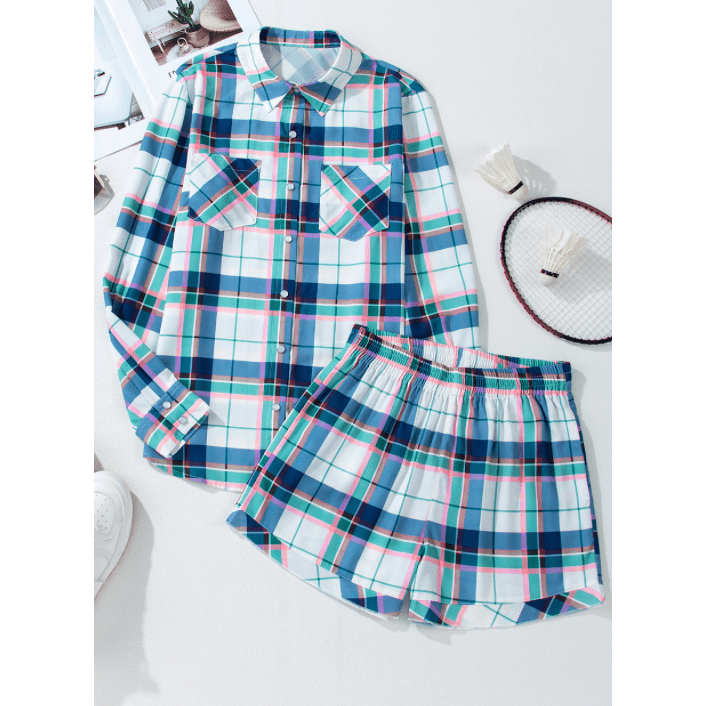 Beatriz Blue Plaid Print Shirt and Shorts 2Pcs Lounge Set