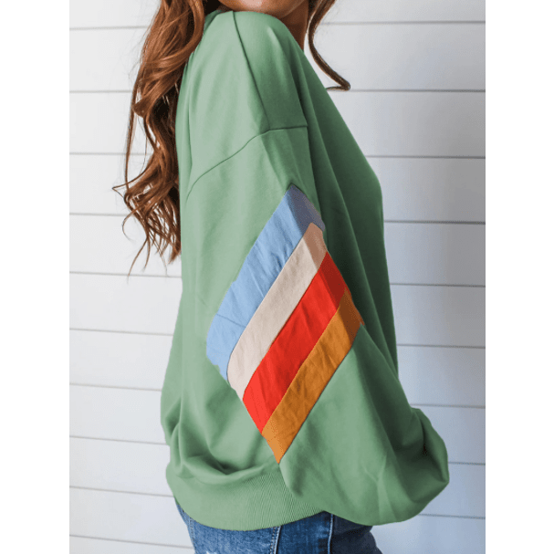 Estella Moonlight Jade Rainbow Striped Sleeve Crew Neck Loose Sweatshirt