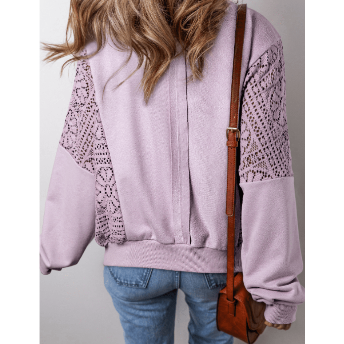 Marla Orchid Petal Knit Crochet Exposed Seam Ribbed Trim Sweatshirt