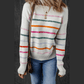 Nisa White Colorful Stripe Ribbed Trim Sweater