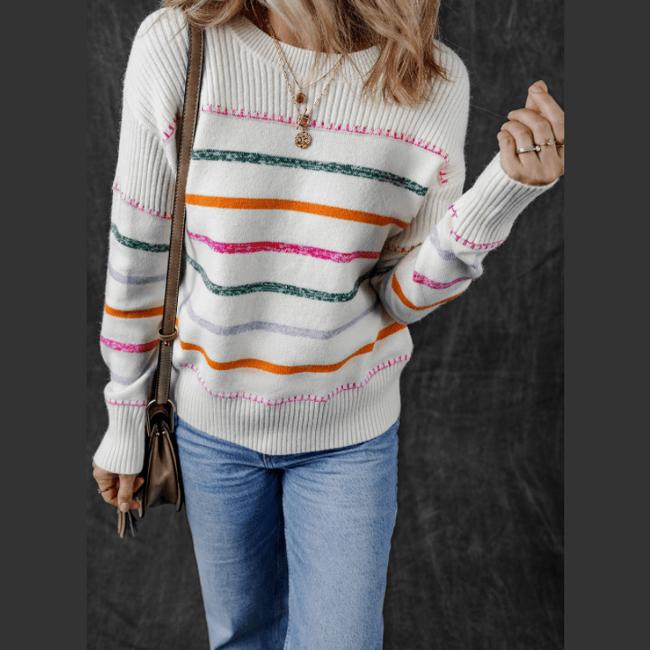 Nisa White Colorful Stripe Ribbed Trim Sweater