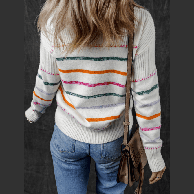 Nisa White Colorful Stripe Ribbed Trim Sweater