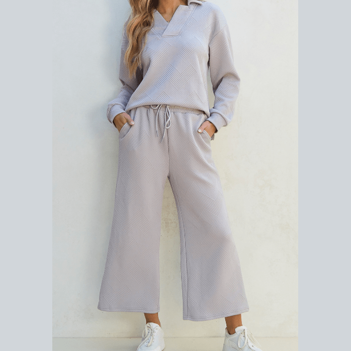 Pennie Light Grey Textured Collared V Neck Top and Wide Leg Pants Set