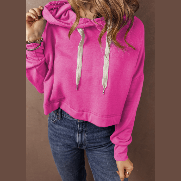 Valeria Sachet Pink Solid Drop Shoulder Drawstring Cropped Hoodie