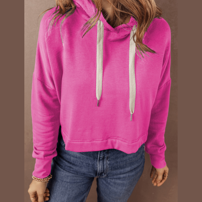 Valeria Sachet Pink Solid Drop Shoulder Drawstring Cropped Hoodie